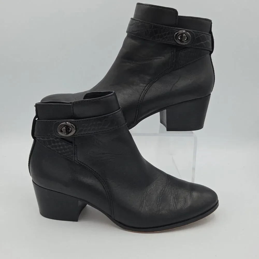 Coach Patricia Black Leather Ankle Booties Block Heel Side Zip Size 6.5B A00235